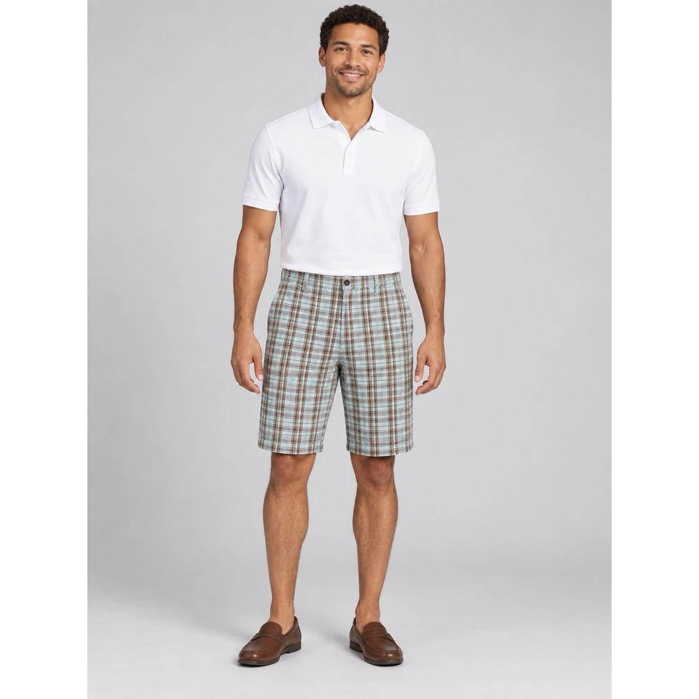 Size M- Dockers Men's Plaid Khaki Shorts Turquoise Brown Relaxed Fit Flat Front